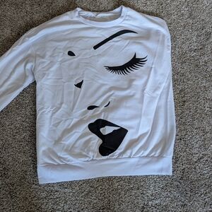 New! Shein White Sweatshirt with Black Face Design Silhouette M